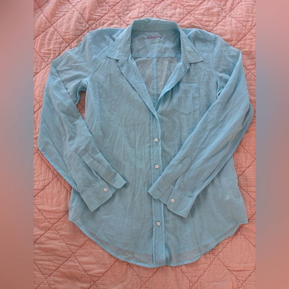 Lilly Pulitzer 100% Cotton Shirt long sleeve button down light blue shirt size S
